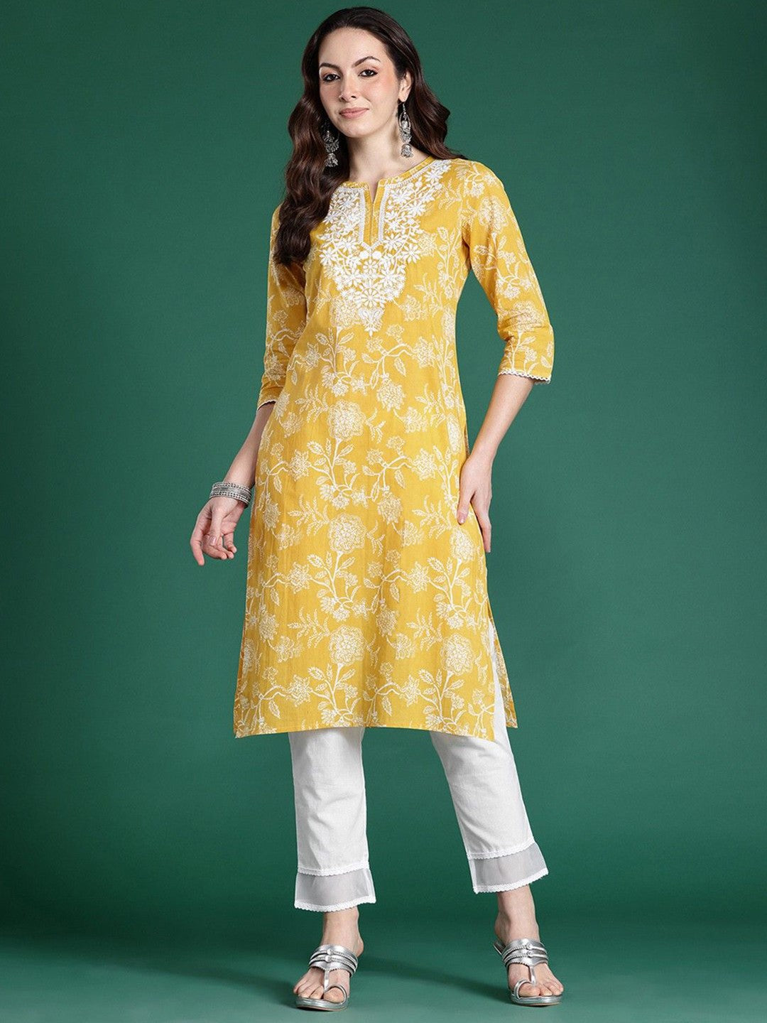 Floral Printed Notch Neck Straight Cotton Kurta