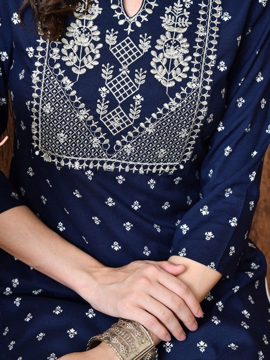 Women Woven Design Embroidered Screen Print Festive Cotton Straight Kurta