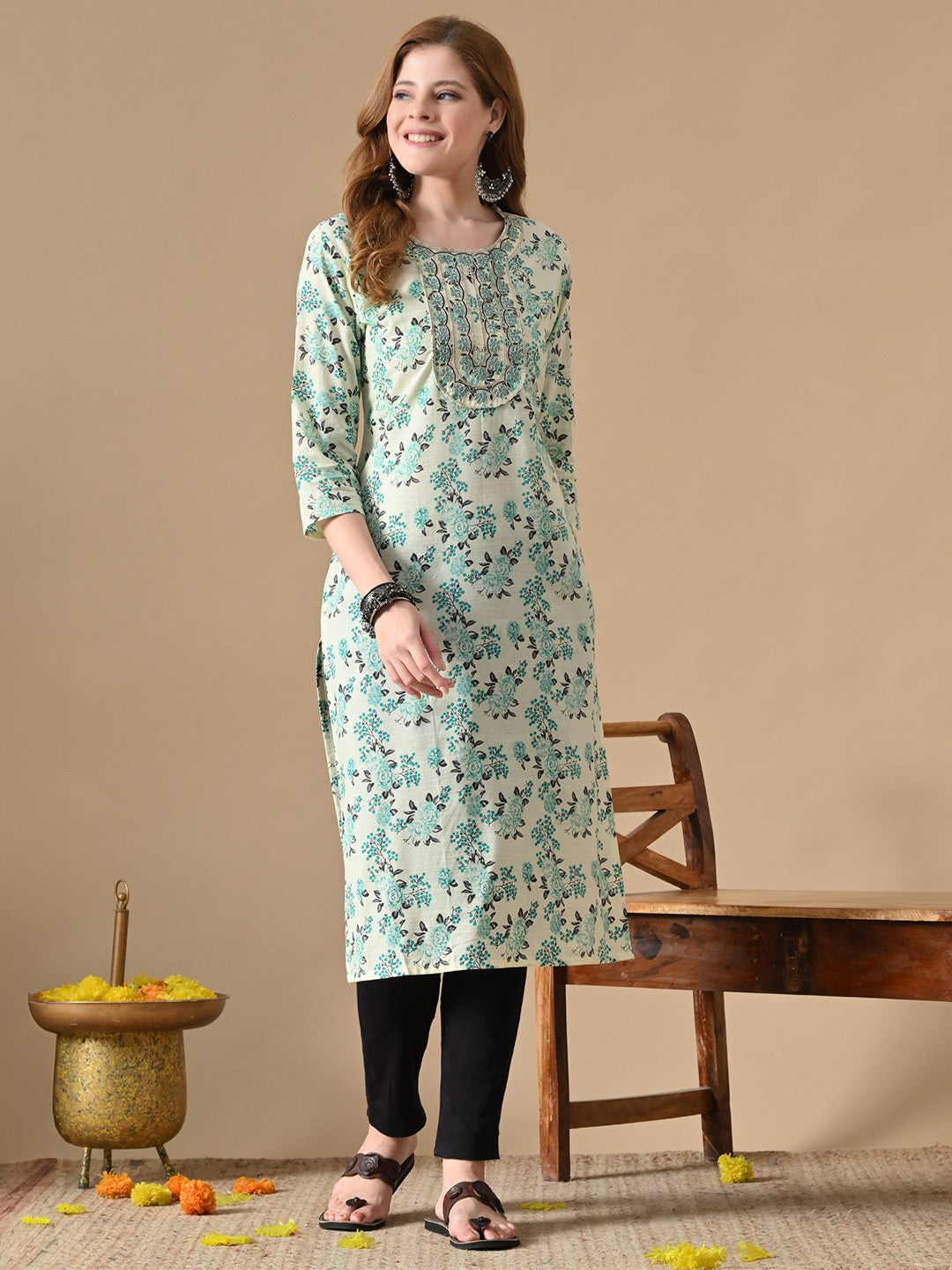 Floral Printed Cotton Straight Kurta