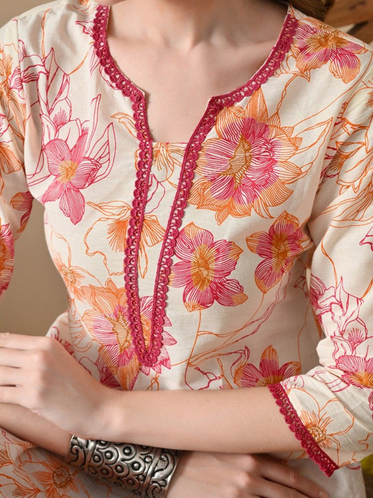 Floral Printed Thread Work Detail Pure Cotton A -Line Kurta