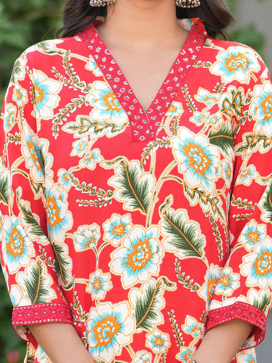 Women Floral Printed Flared Sleeves Thread Work A-Line Kurta