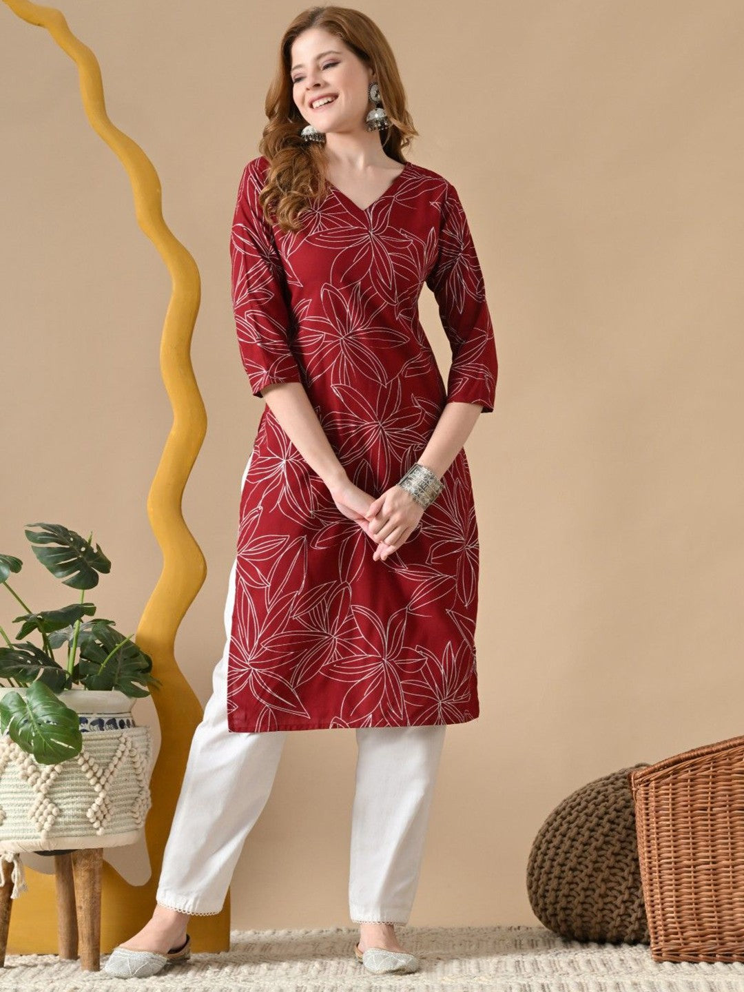 Floral Printed V-Neck Straight Cotton Kurta