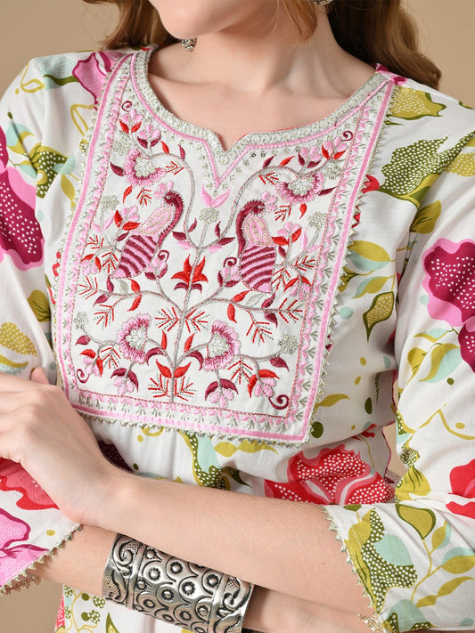 Floral Printed Notch-Neck Straight Cotton Kurta