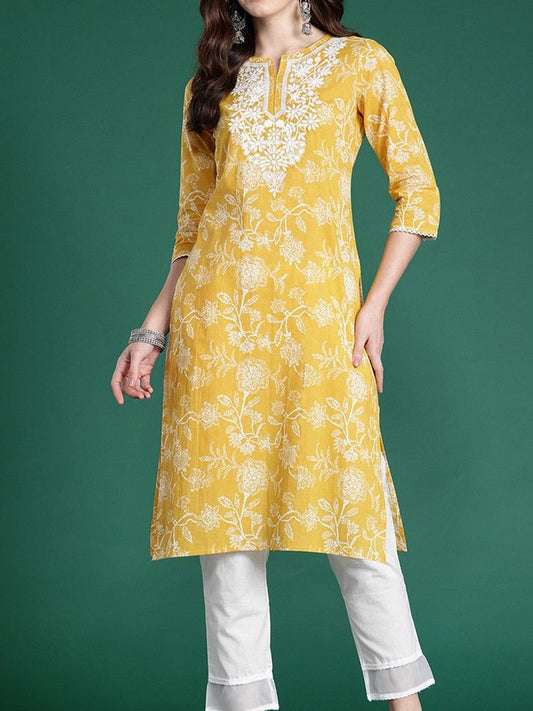 Floral Printed Notch Neck Straight Cotton Kurta