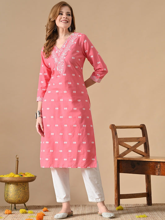 Floral Embroidered V-Neck Straight Cotton Kurta