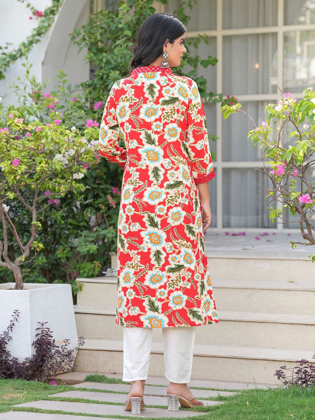 Women Floral Printed Flared Sleeves Thread Work A-Line Kurta