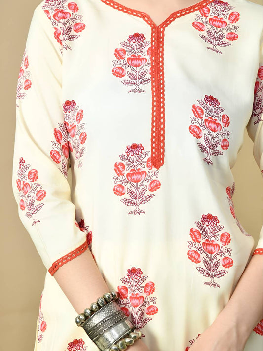 Floral Printed V-Neck Pure Cotton Straight Kurta With Trousers