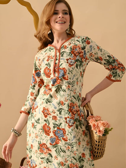 Women Floral Printed Cotton Kurta with Trousers