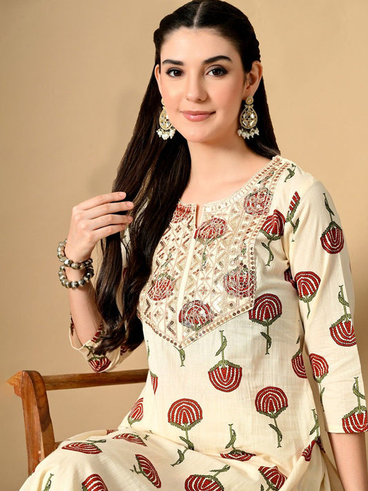 Women Floral Printed Screen Print Daily Cotton Straight Kurta