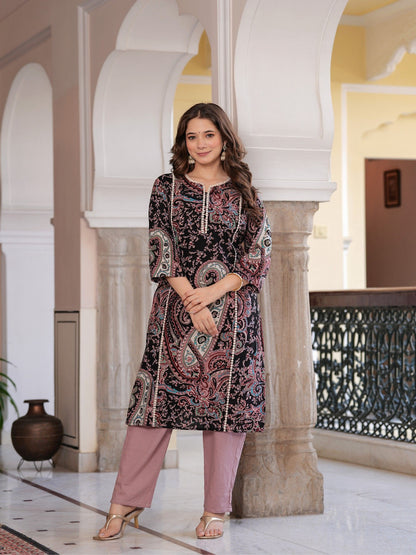 Paisley Printed Notch Neck Straight Pure Cotton Kurta with Trouser