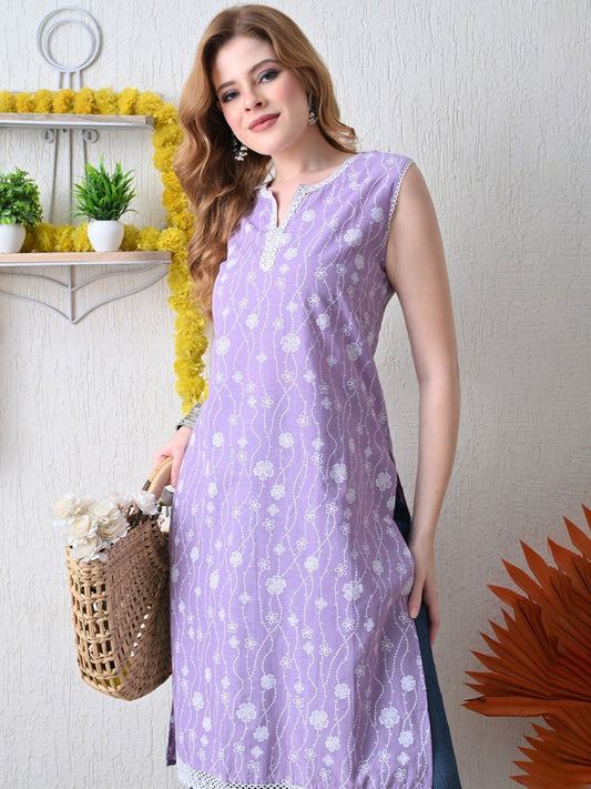 Women Floral Printed Thread Work Straight Kurta