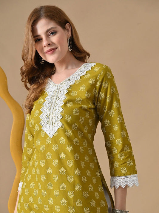 Women Cotton Ethnic Motifs Printed Lace Kurta