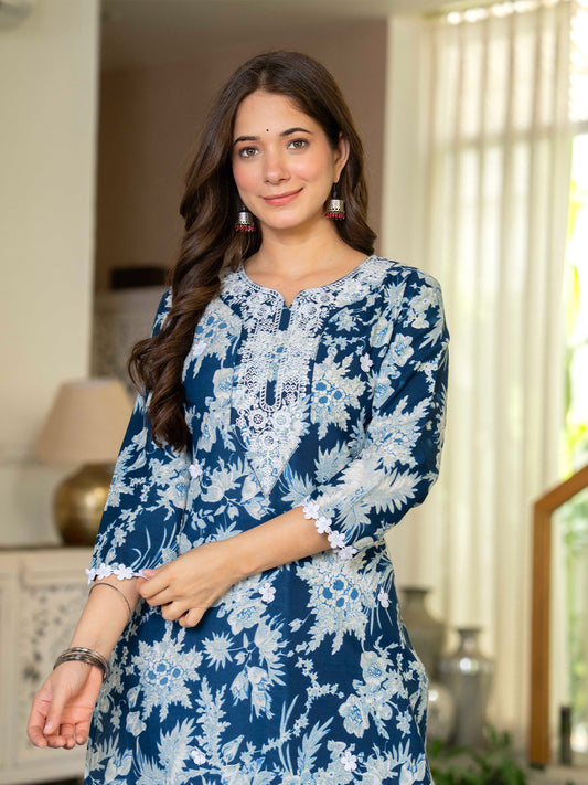 Women Floral Printed Festive Cotton Straight Kurta