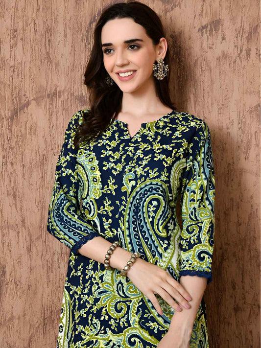Paisley Printed Notch Neck Pure Cotton Kurta With Trousers