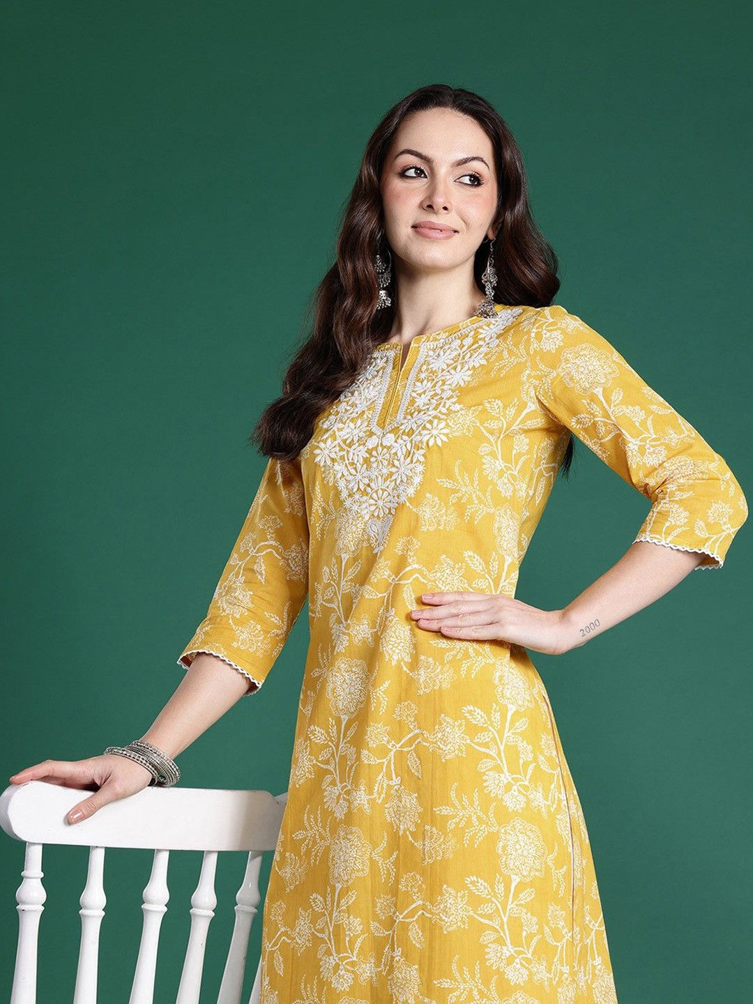Floral Printed Notch Neck Straight Cotton Kurta