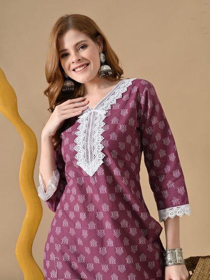 Women Ethnic Motifs Printed Thread Work Lace Cotton Kurta