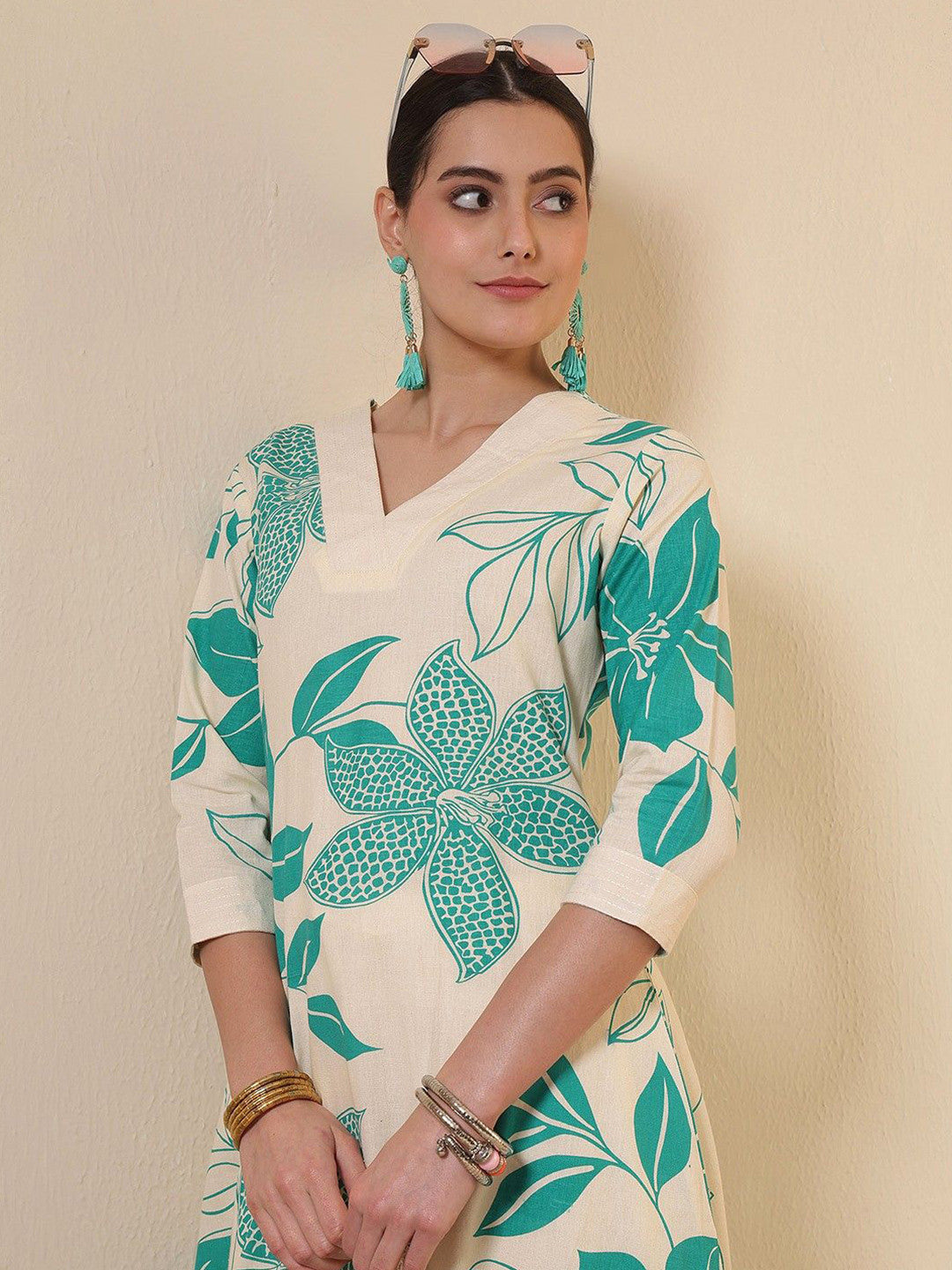 Floral Printed V-Neck A-Line Cotton Kurta