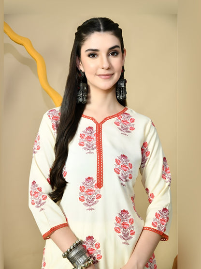 Floral Printed V-Neck Pure Cotton Straight Kurta With Trousers