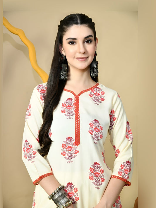 Floral Printed V-Neck Pure Cotton Straight Kurta With Trousers
