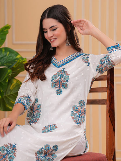 Floral Printed Thread Work Cotton Straight Kurta