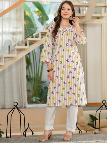 Women Geometric Checked Keyhole Neck Thread Work Kurta