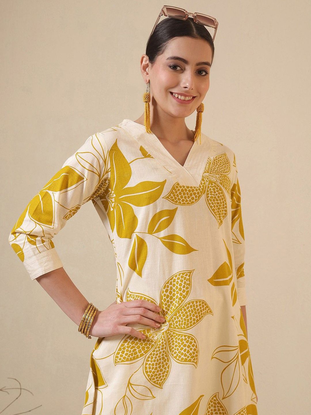 Floral Printed V-Neck Cotton A-Line Kurta