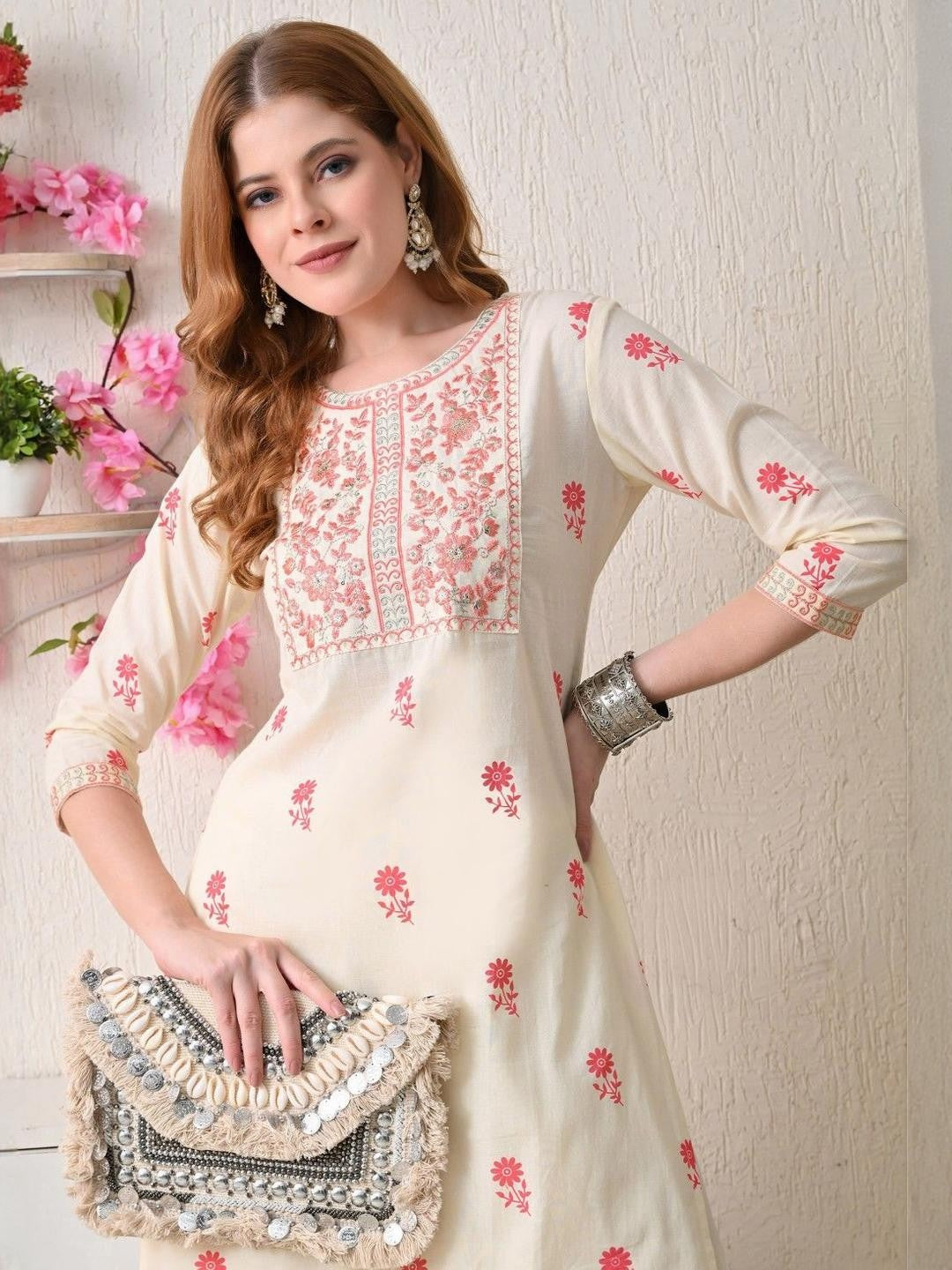 Women Floral Printed Yoke Embroidered Cotton Kurta