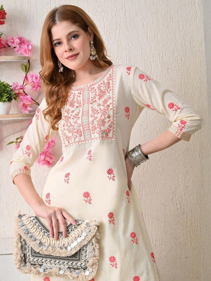 Women Floral Printed Yoke Embroidered Cotton Kurta