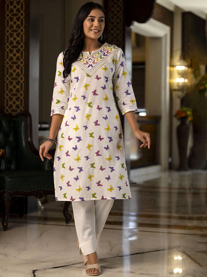 Quirky Printed Notch Neck Gotta Patti Cotton Straight Kurta