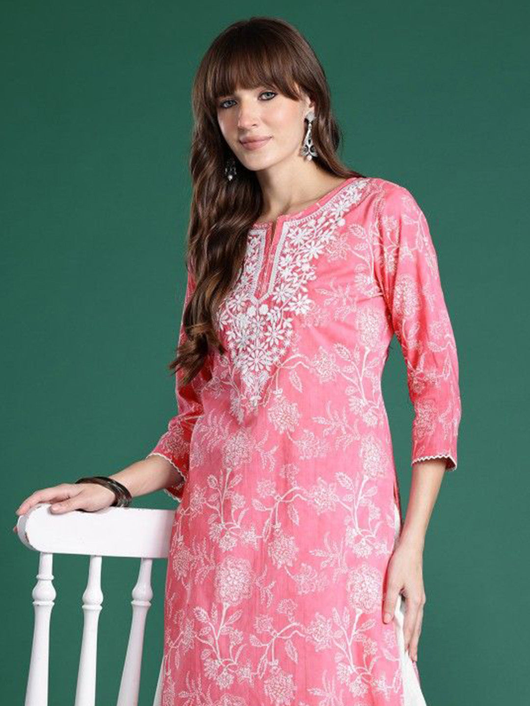 Floral Printed Notch Neck Straight Cotton Kurta