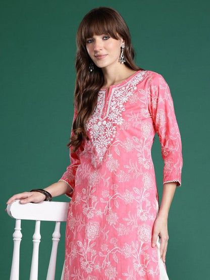 Floral Printed Notch Neck Straight Cotton Kurta