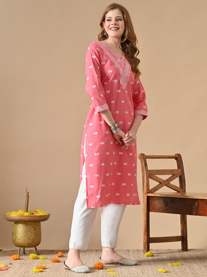 Floral Embroidered V-Neck Straight Cotton Kurta