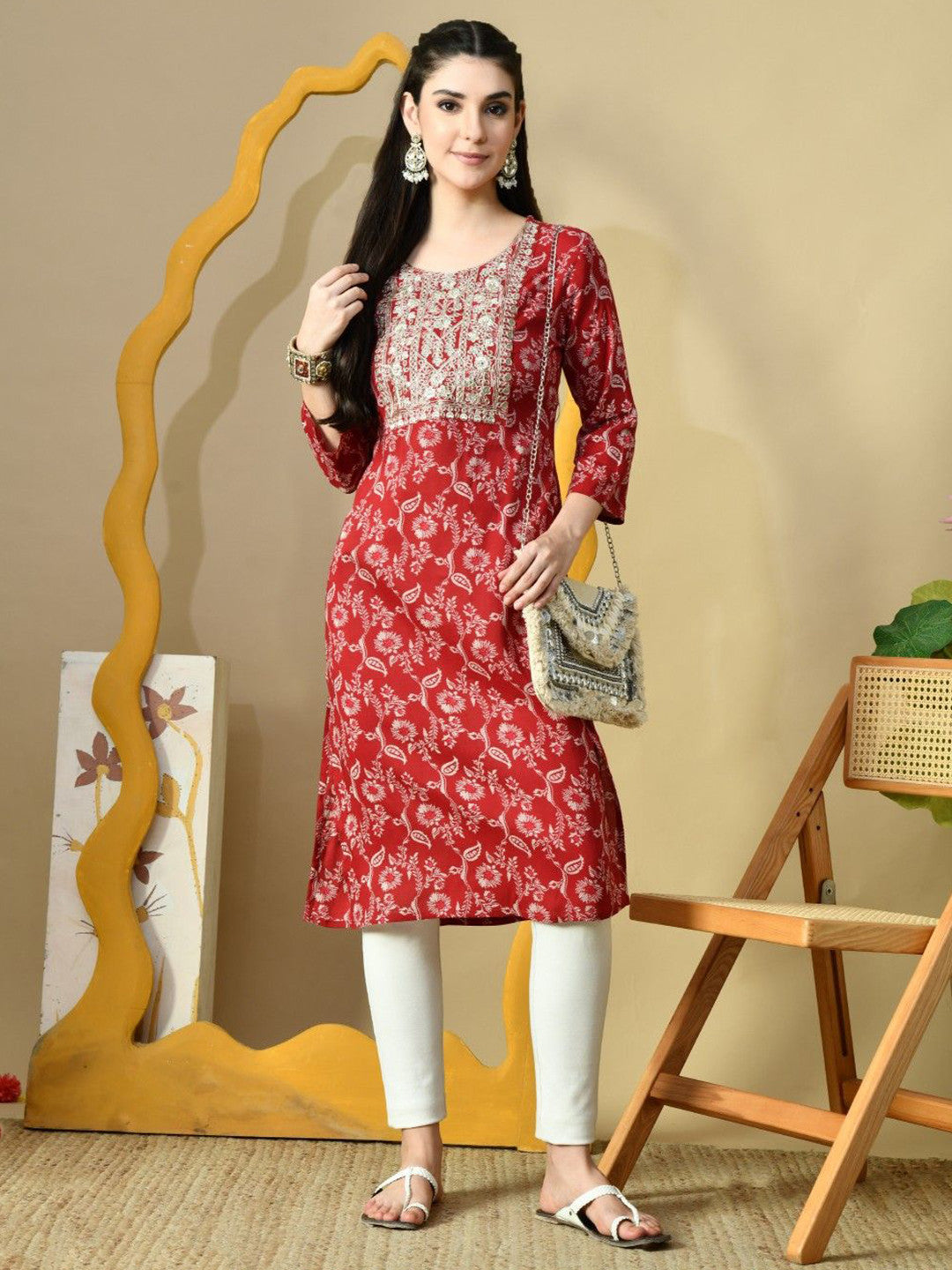 Women Floral Printed Screen Print Daily Cotton Straight Kurta