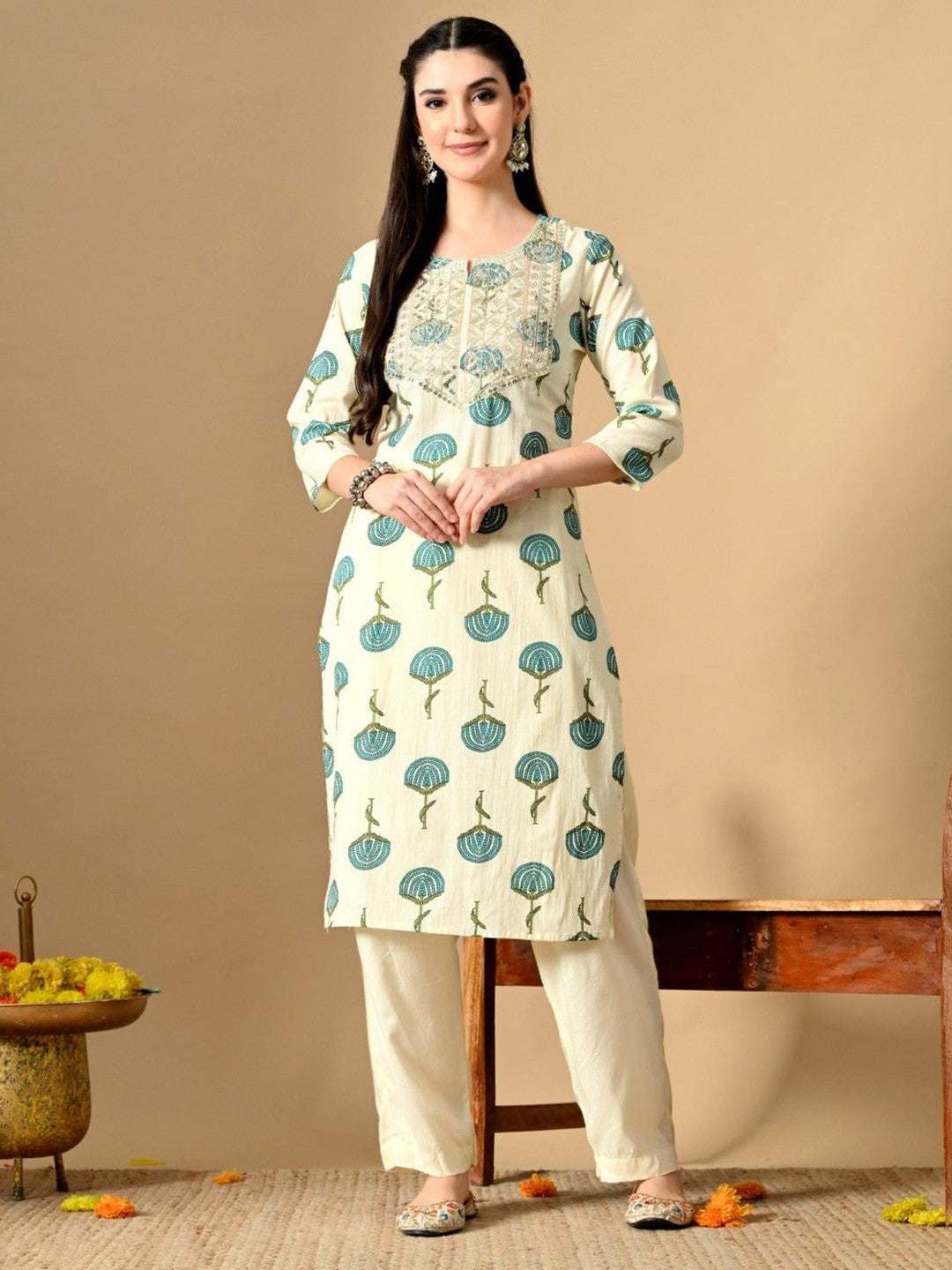 Embroidered Round Neck Sequins Cotton Straight Kurta