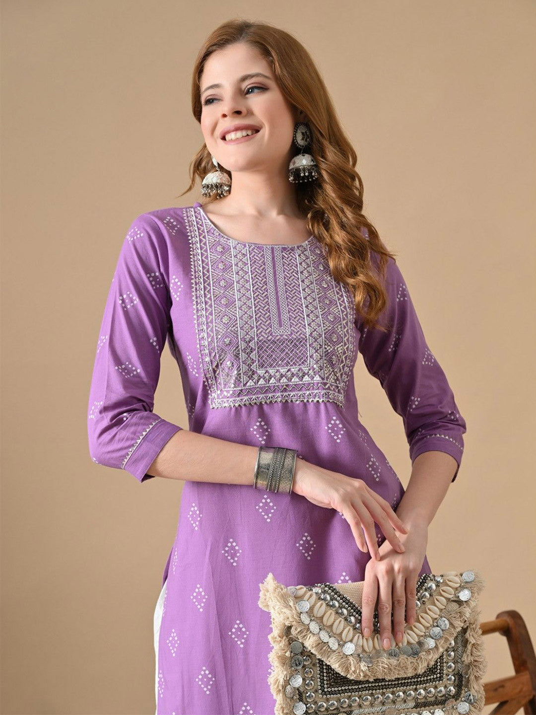 Geometric Embroidered Straight Cotton Kurta