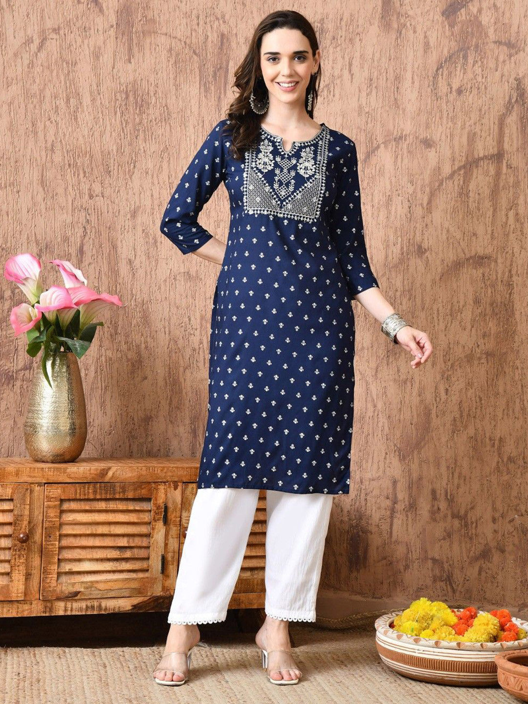 Women Woven Design Embroidered Screen Print Festive Cotton Straight Kurta