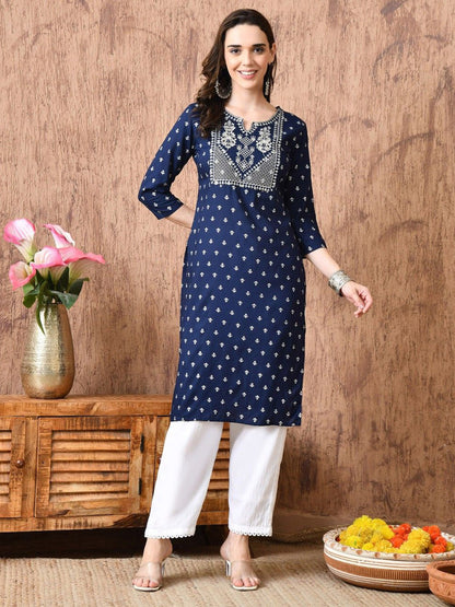 Women Woven Design Embroidered Screen Print Festive Cotton Straight Kurta
