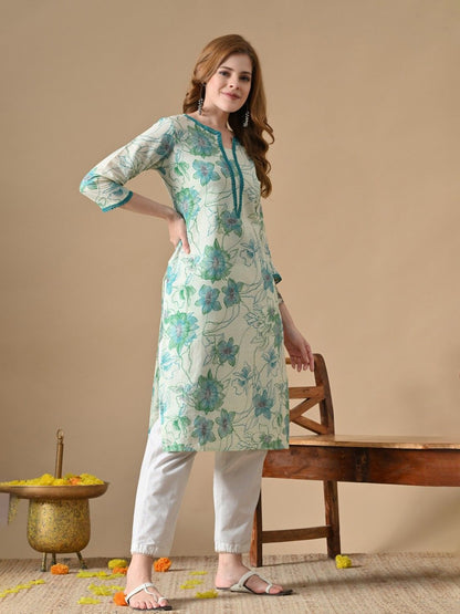 Lace work V-Neck Floral Printed Kurta
