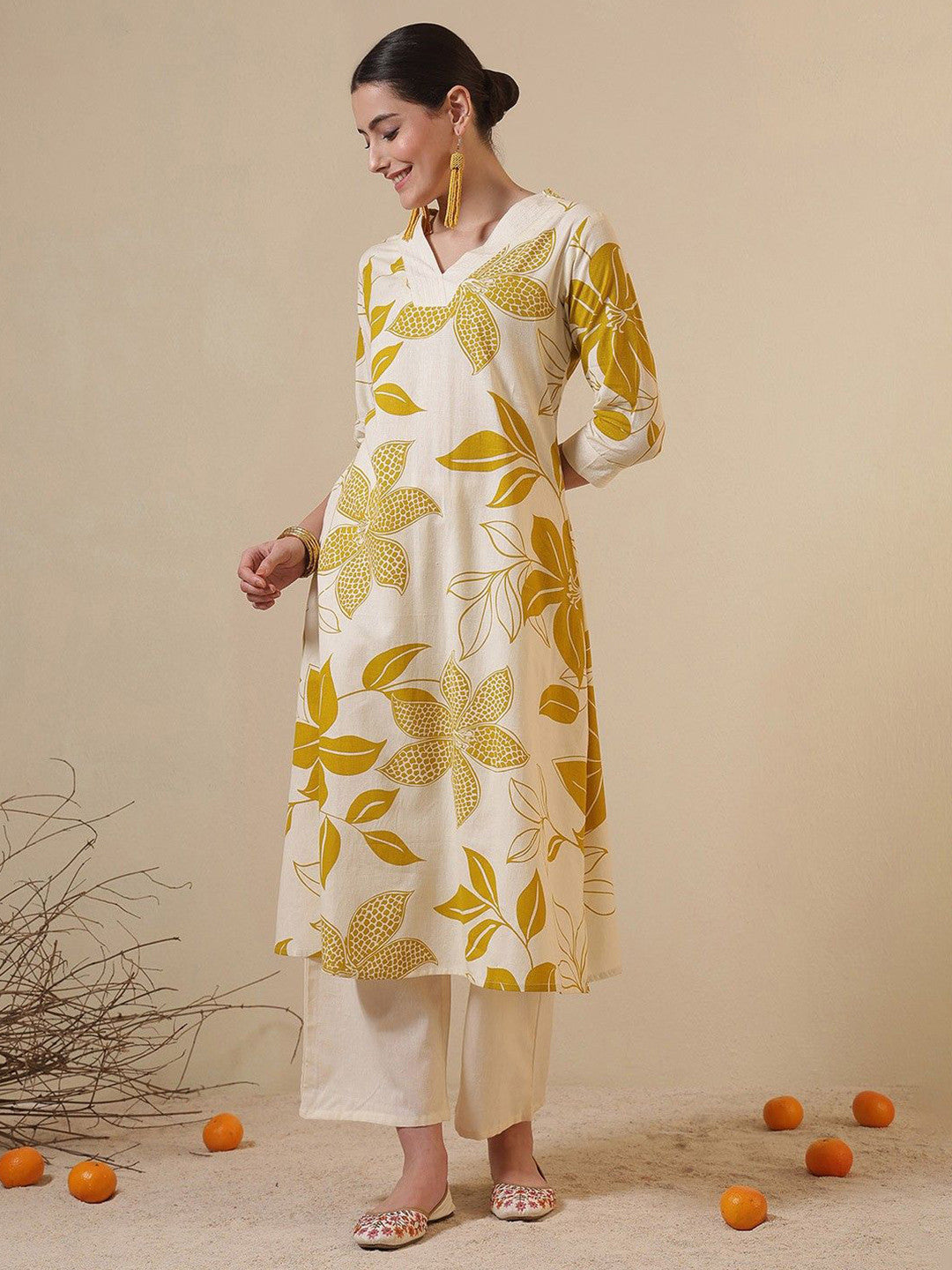 Floral Printed V-Neck Cotton A-Line Kurta