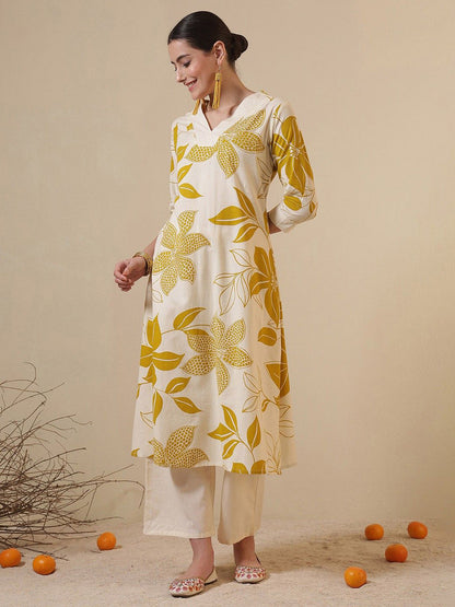 Floral Printed V-Neck Cotton A-Line Kurta