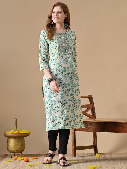 Floral Printed Cotton Straight Kurta