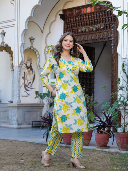 Floral Printed V-Neck Straight Pure Cotton Kurta With Trouser