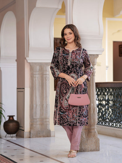 Paisley Printed Notch Neck Straight Pure Cotton Kurta with Trouser