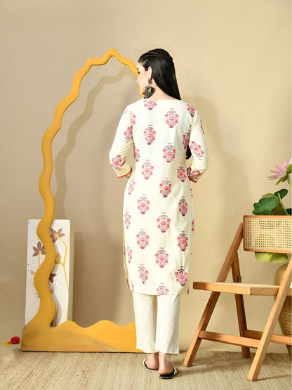 Floral Printed V-Neck Pure Cotton Straight Kurta With Trousers