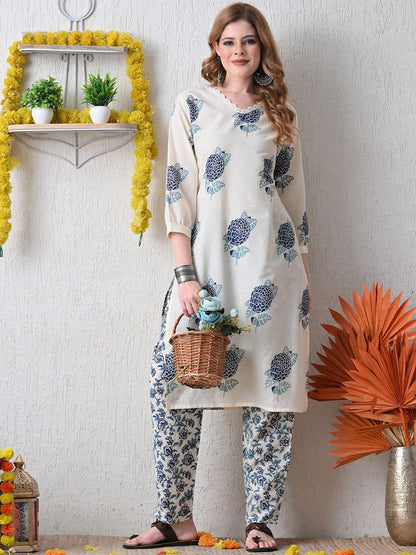 Floral Printed V-Neck Pure Cotton Straight Kurta With Trousers