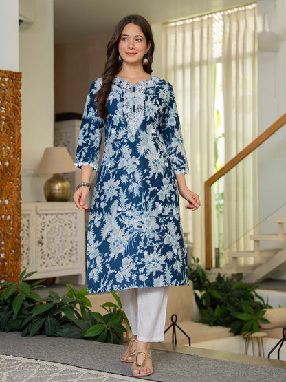 Women Floral Printed Festive Cotton Straight Kurta