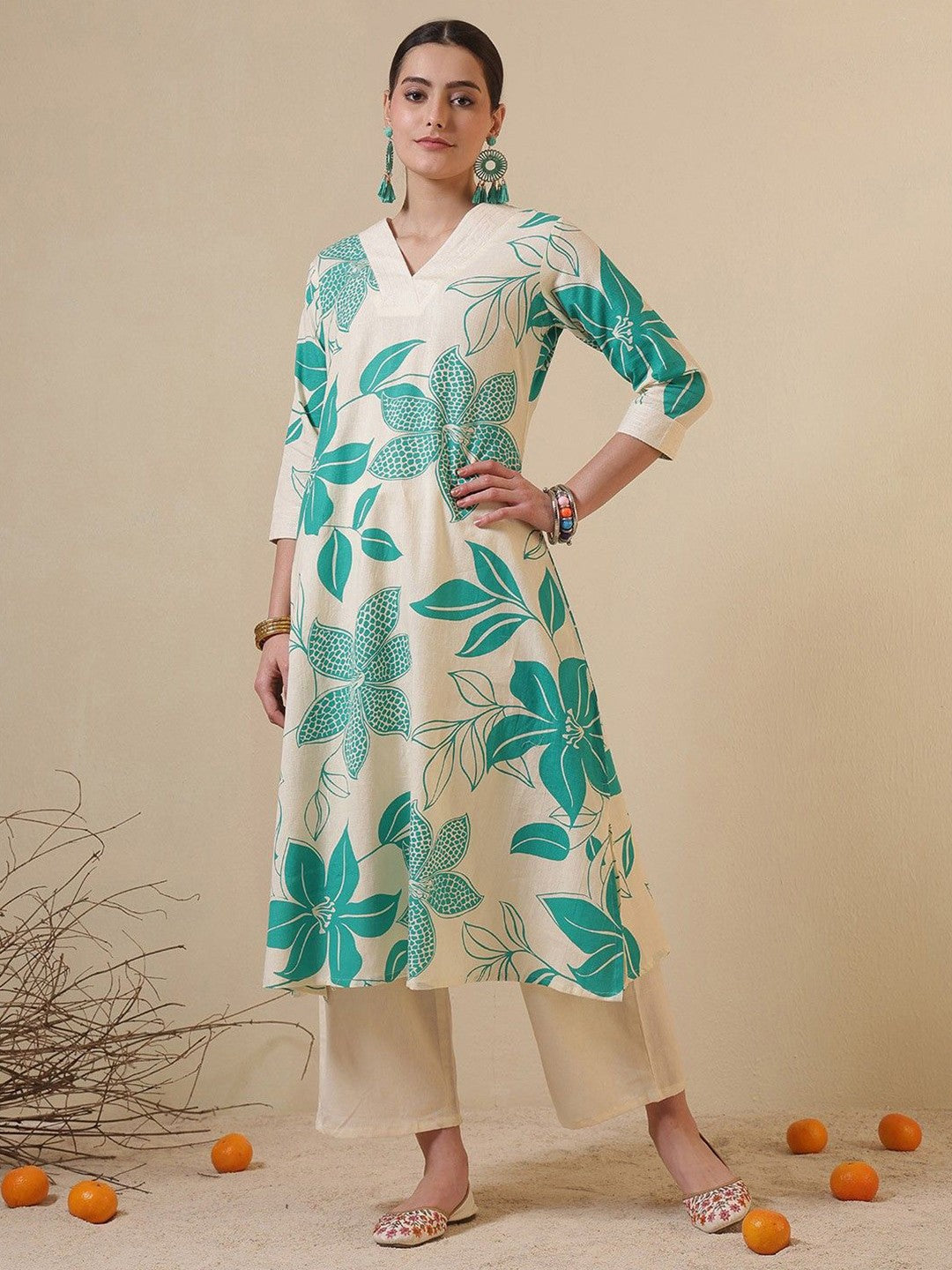 Floral Printed V-Neck A-Line Cotton Kurta