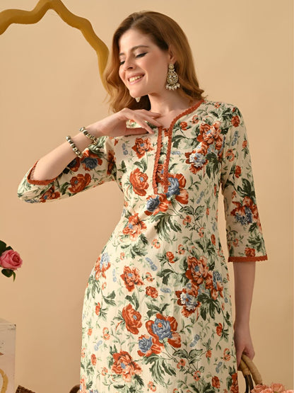 Women Floral Printed Cotton Kurta with Trousers
