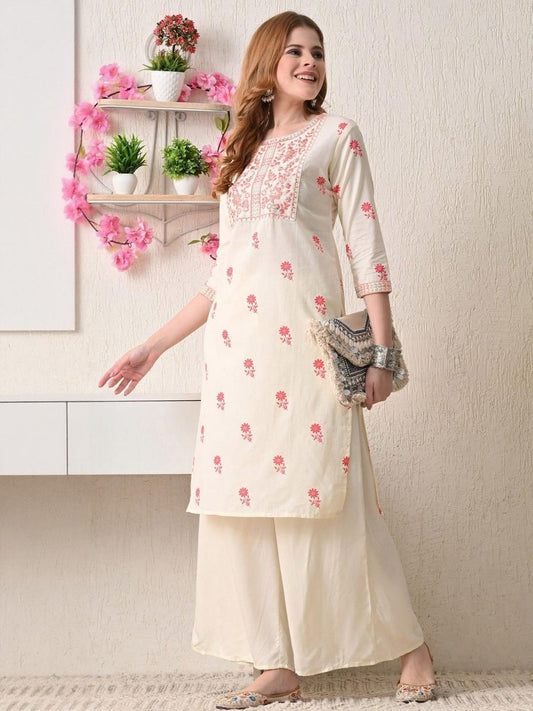 Women Floral Printed Yoke Embroidered Cotton Kurta