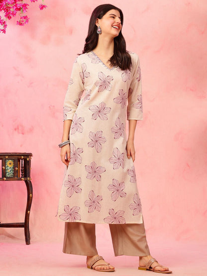 Floral Printed V-Neck Pure Cotton Straight Kurta